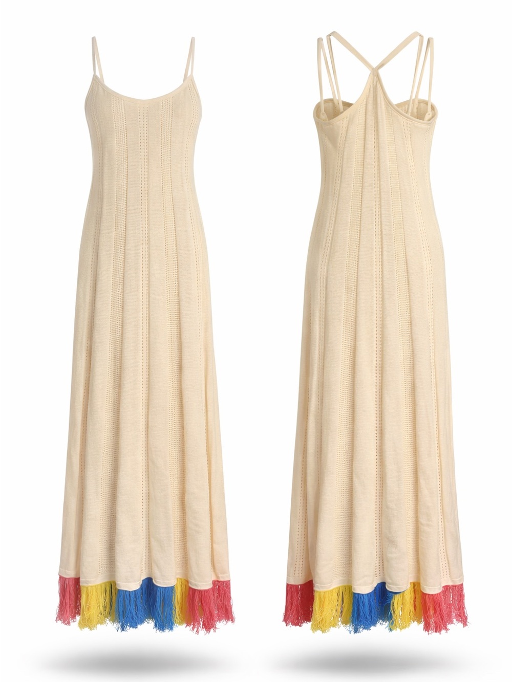 Ronny Cobb Cream Maxi Dress with Colorful Fringe